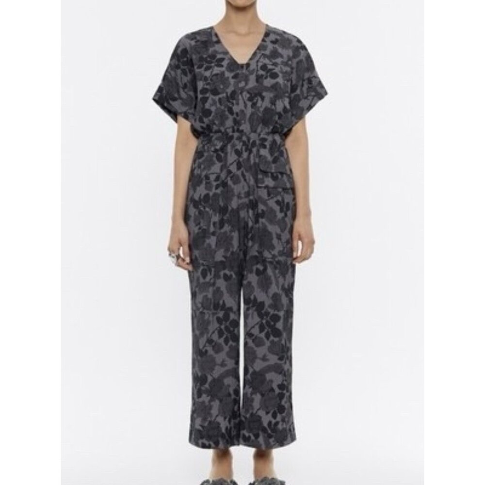 BIMBA Y LOLA WIDE LEG JUMPSUIT Large Size Gray Short Sleeves Elastic Waist Vneck
